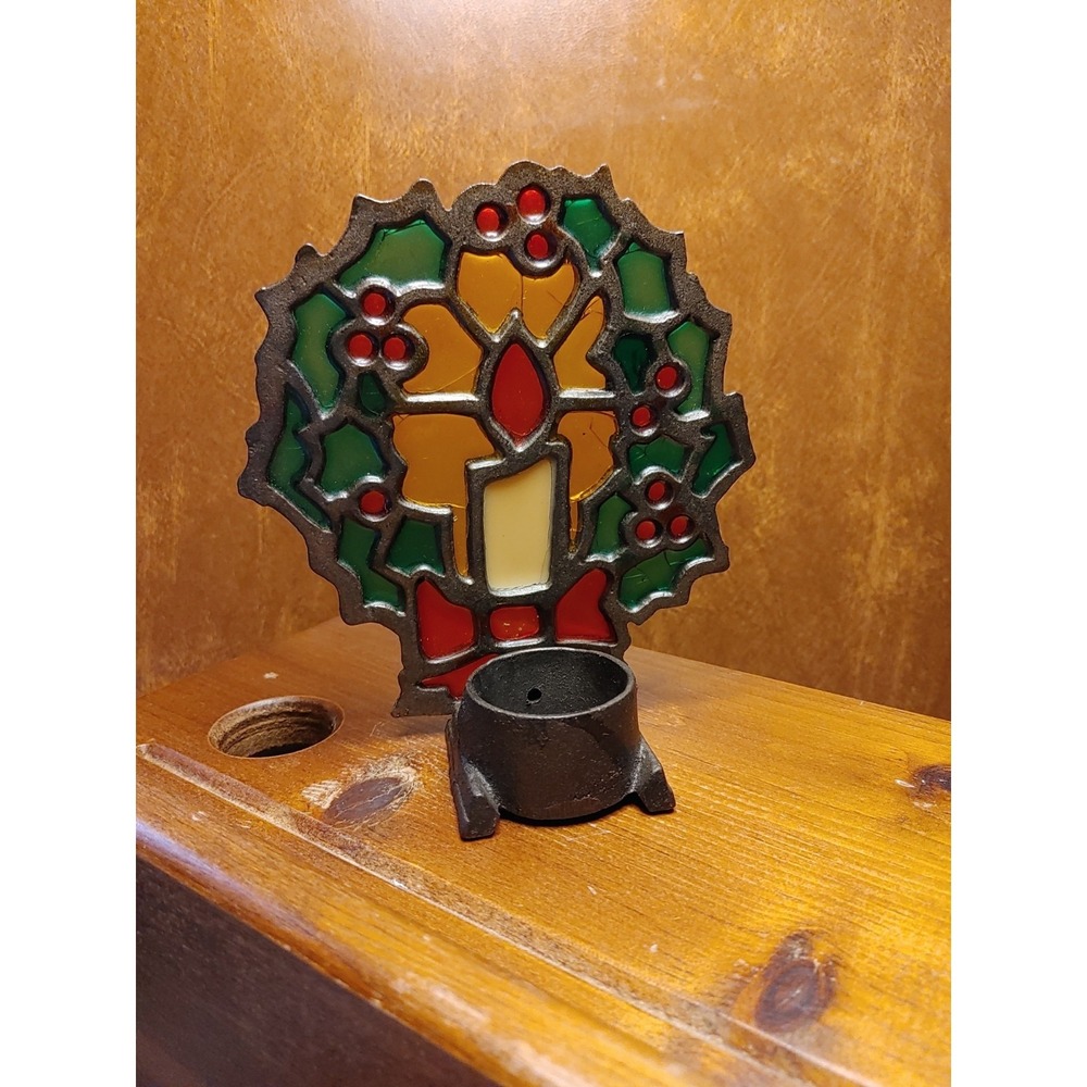 Vintage Stained Glass & Cast-Iron Christmas Tea Light Candle Holder Festive - Picture 2 of 6